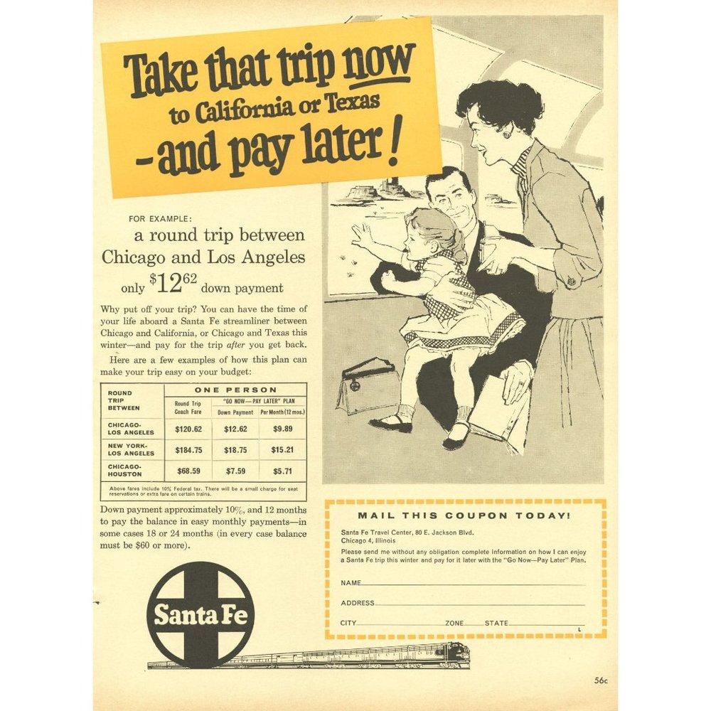 1961 Santa Fe Railroad Line Vintage Print Ad Family Vacation Chicago to LA Art